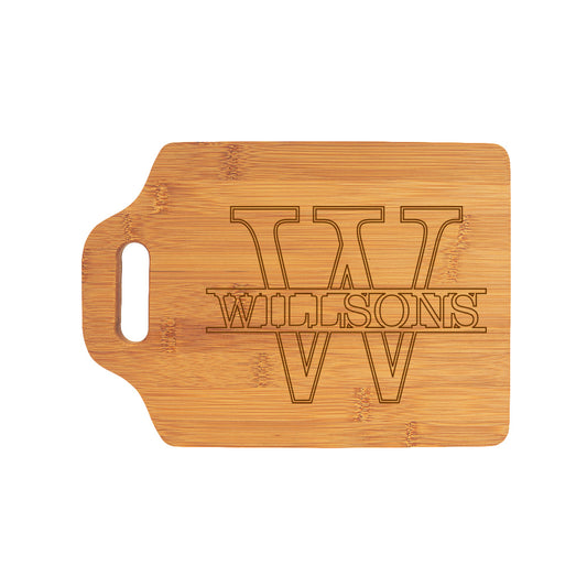 Handled Bamboo Cutting Board in Overlay Name with Initial Design