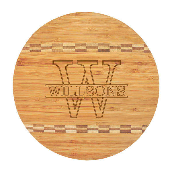 Round Bamboo Cutting Board in Overlay Name with Initial Design ~ 11.5 in. dia.