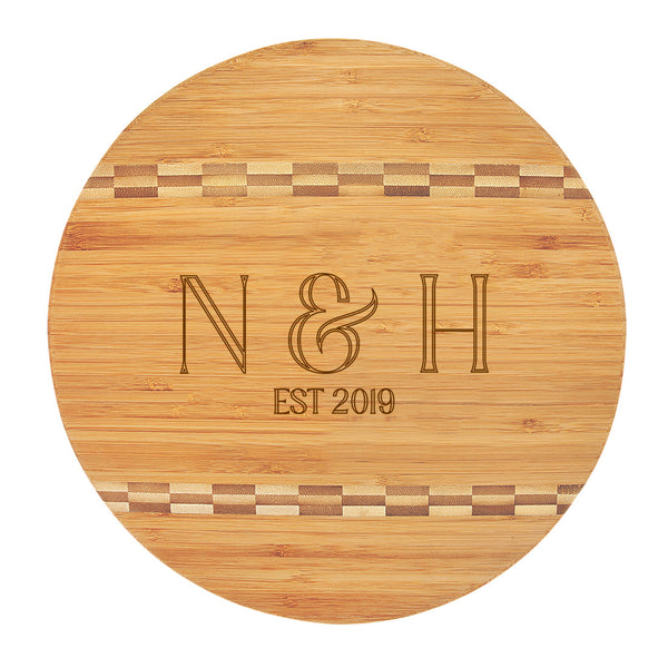 Round Bamboo Cutting Board in Stacked Initials with Est. Year Design ~ 11.5 in. dia.
