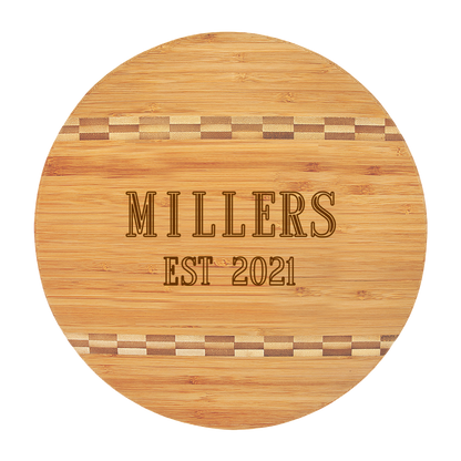 Round Bamboo Cutting Board in Stacked Name with Est. Year Design
