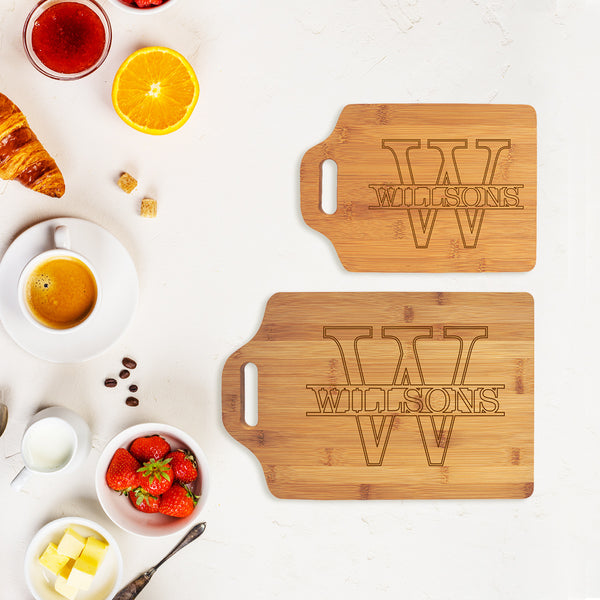 Handled Bamboo Cutting Board in Overlay Name with Initial Design ~ 8 x 11