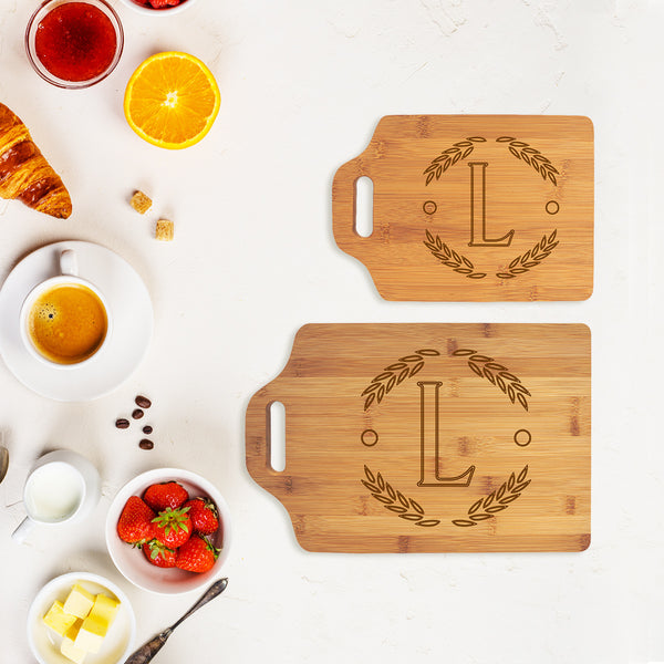 Handled Bamboo Cutting Board in Wreath with Initial Design ~ 8 x 11