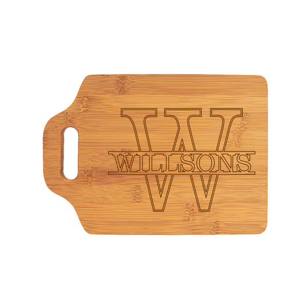 Handled Bamboo Cutting Board in Overlay Name with Initial Design ~ 8 x 11
