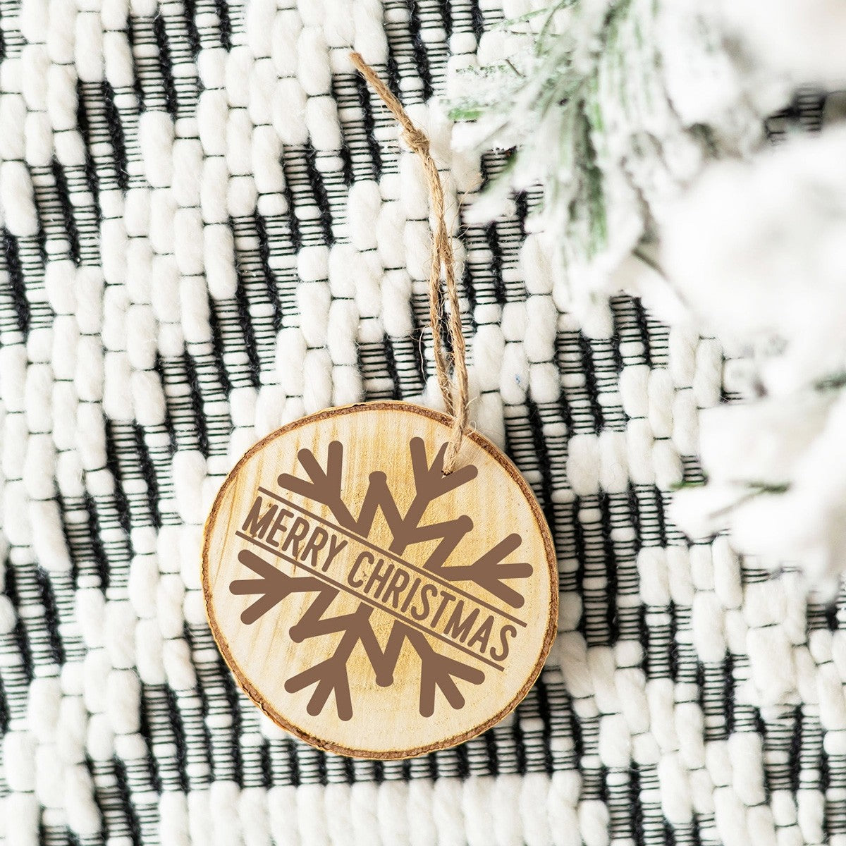 Snowflake "Merry Christmas" Flat Wood Holiday Ornament ~ 2.5 in. dia.